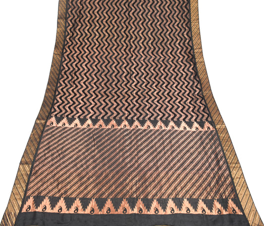 Sushila Vintage Gold Black Saree Pure Silk Brocade HEAVY Leheriya Sari Fabric