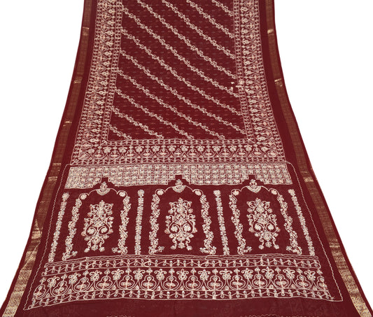 Sushila Vintage Maroon Bandhani Saree Pure Georgette Embroidered HEAVY Sari Fabric