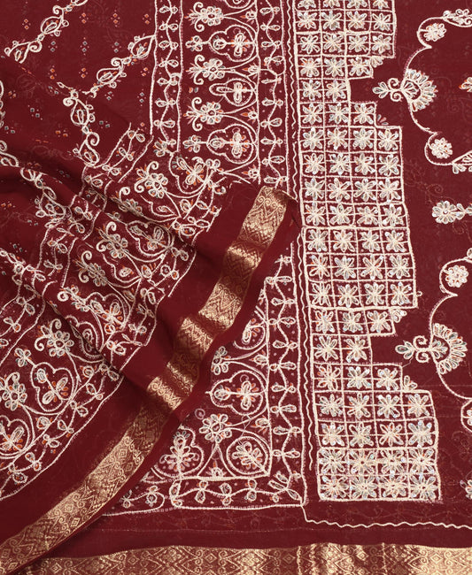 Sushila Vintage Maroon Bandhani Saree Pure Georgette Embroidered HEAVY Sari Fabric