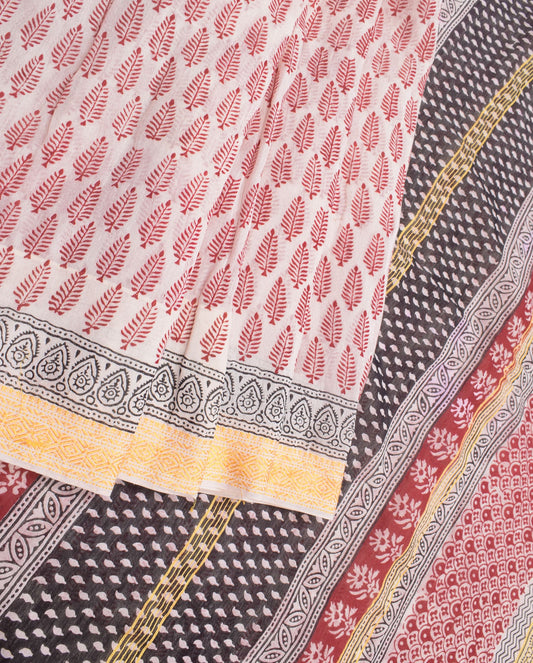 Sushila Vintage White Saree Bagh Block Print Pure Cotton Silk Sari Woven Fabric