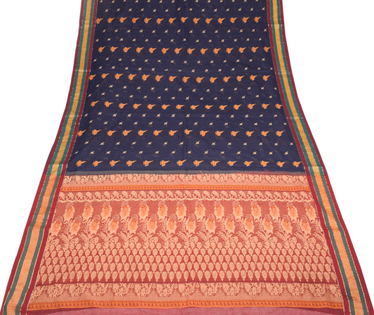 Sushila Vintage Dark Blue Saree Pure Cotton Hand Woven Sari Craft Fabric
