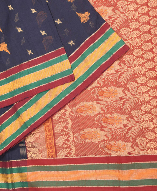 Sushila Vintage Dark Blue Saree Pure Cotton Hand Woven Sari Craft Fabric