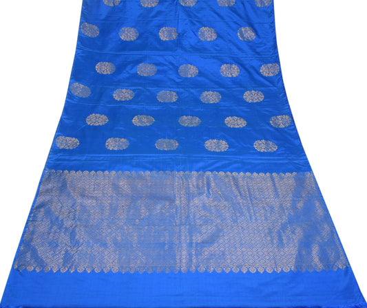 Sushila Vintage Blue Art Silk Saree Brocade Floral 6 YD Sari Blouse Fabric