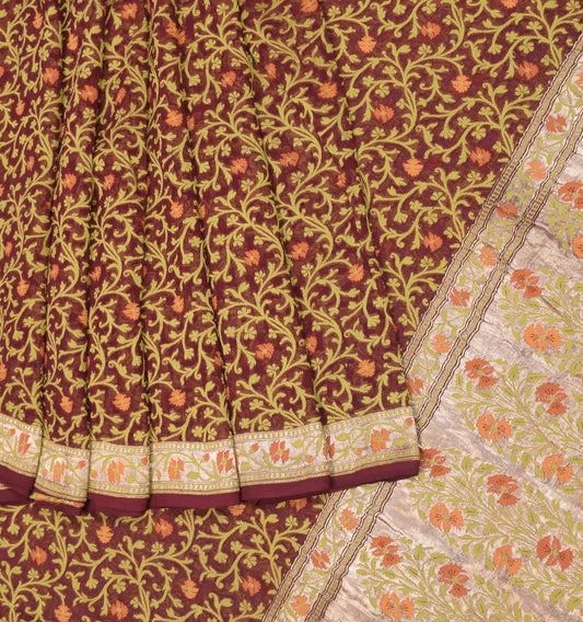 Sushila Vintage Maroon Handloom Saree Pure Georgette Woven HEAVY Sari