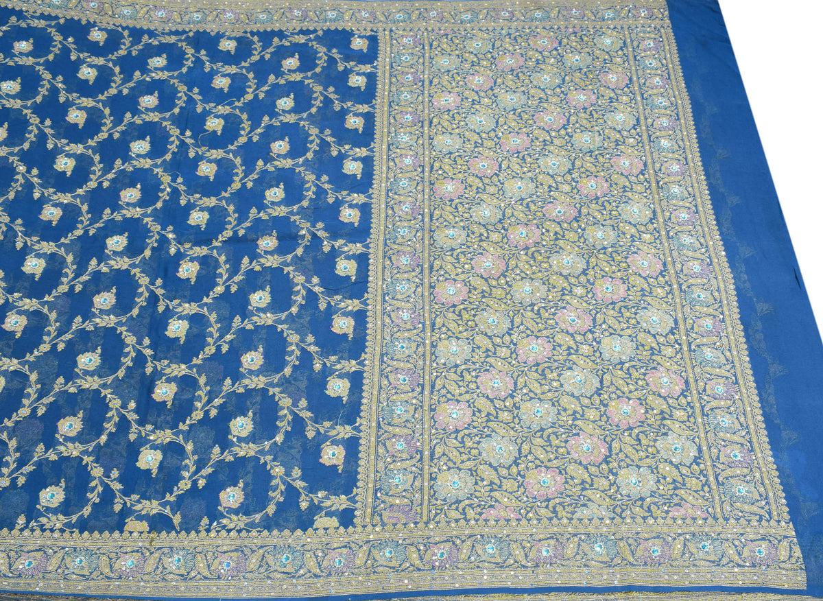 Sushila Vintage Turquoise Saree Pure Banarasi Georgette Brocade HEAVY Sari