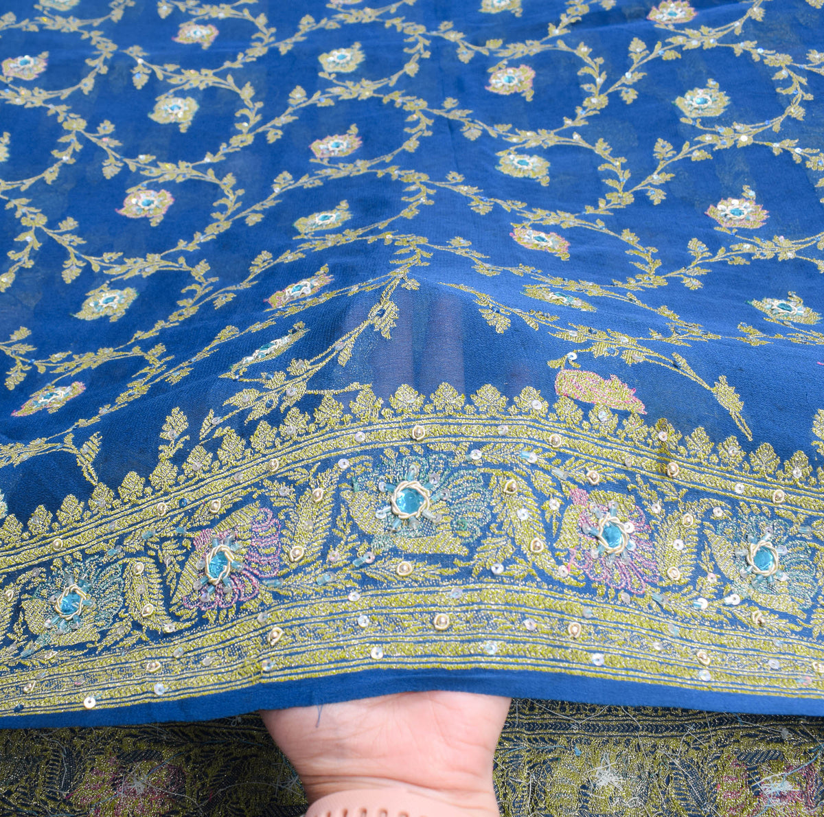 Sushila Vintage Turquoise Saree Pure Banarasi Georgette Brocade HEAVY Sari