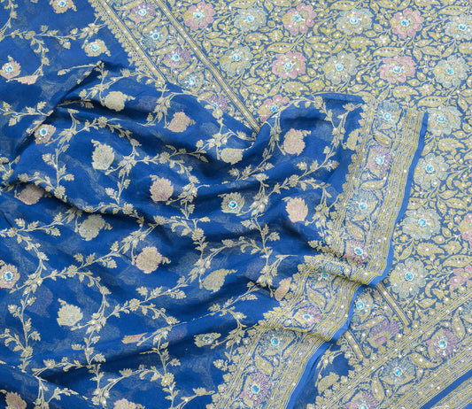 Sushila Vintage Turquoise Saree Pure Banarasi Georgette Brocade HEAVY Sari