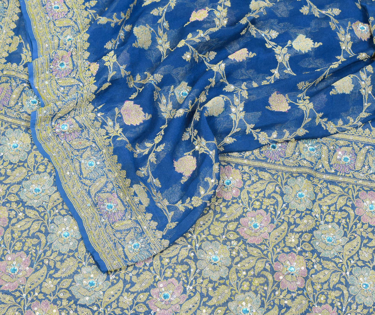 Sushila Vintage Turquoise Saree Pure Banarasi Georgette Brocade HEAVY Sari