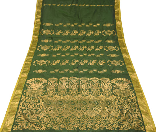 Sushila Vintage Green Dual Toned Saree Art Silk Brocade Sari Craft Fabric