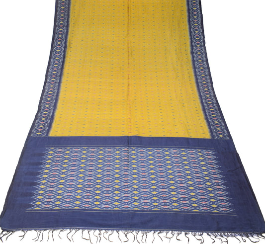 Sushila Vintage Green Blue Saree Hand Woven Ikat Pure Silk Sari Craft Fabric