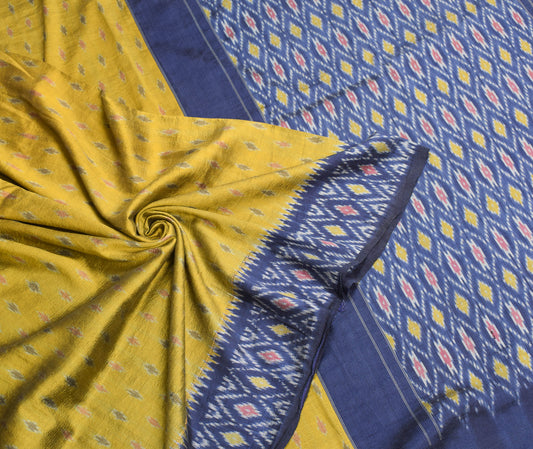 Sushila Vintage Green Blue Saree Hand Woven Ikat Pure Silk Sari Craft Fabric