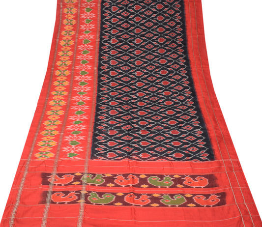 Sushila Vintage Black Red Pochampally Saree Handloom Ikat Pure Silk Sari Fabric