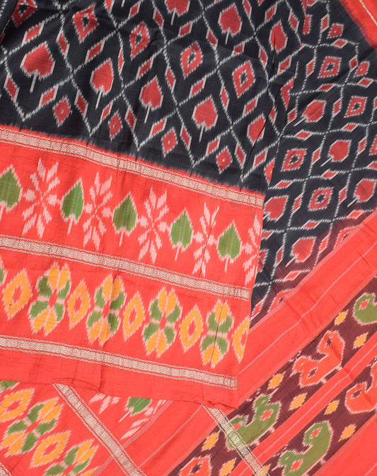 Sushila Vintage Black Red Pochampally Saree Handloom Ikat Pure Silk Sari Fabric