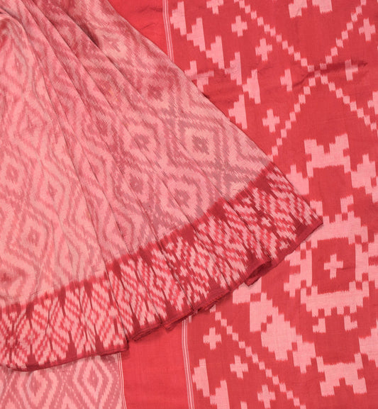 Sushila Vintage Pink Pure Silk Saree Hand Woven Ikat Sari Craft Fabric