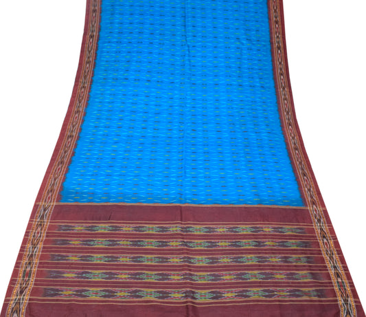 Sushila Vintage Turquoise Blue Saree Hand Woven Ikat Pure Silk Sari Fabric