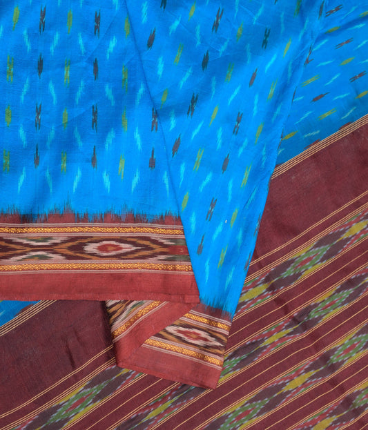 Sushila Vintage Turquoise Blue Saree Hand Woven Ikat Pure Silk Sari Fabric