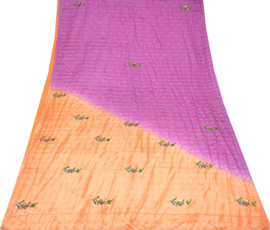 Sushila Vintage Purple Peach Saree Pure Silk Tie-dye Sequins Work Sari 6YD Fabric