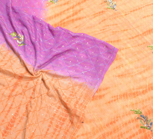 Sushila Vintage Purple Peach Saree Pure Silk Tie-dye Sequins Work Sari 6YD Fabric