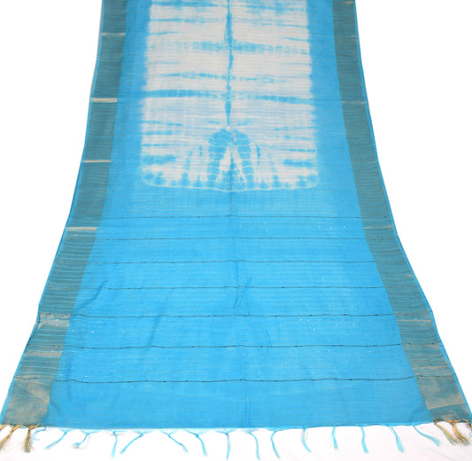 Sushila Vintage White & Blue Saree Tie-Dye Art Cotton Silk Sari Craft Fabric