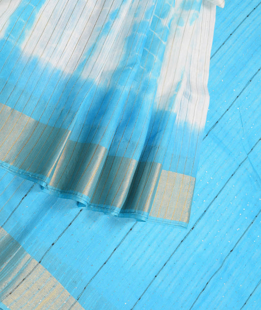 Sushila Vintage White & Blue Saree Tie-Dye Art Cotton Silk Sari Craft Fabric