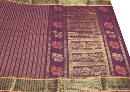 Sushila Vintage Woven Wine  Saree Pure Cotton Floral Zari Sari Craft Fabric