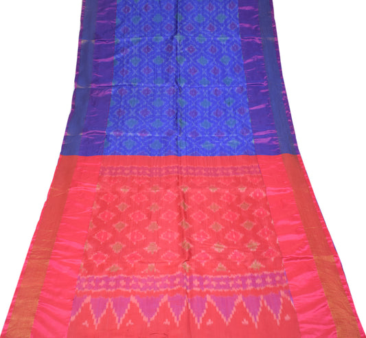 Sushila Vintage Blue Pochampally Saree Hand Woven Ikat Art Silk Sari Fabric