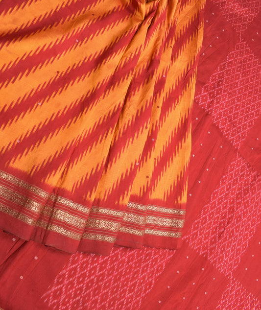 Sushila Vintage Maroon Yellow Saree Hand Woven Ikat Pure Silk Sari Fabric