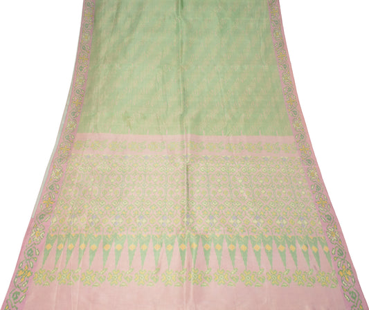Sushila Vintage Green Pink Saree Hand Woven Ikat Pure Silk Sari Fabric