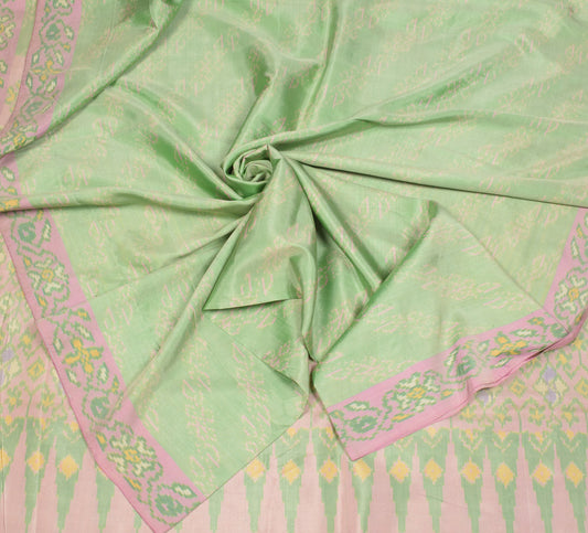 Sushila Vintage Green Pink Saree Hand Woven Ikat Pure Silk Sari Fabric