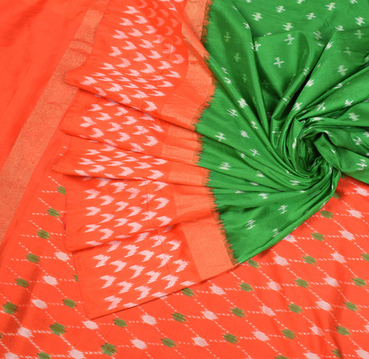 Sushila Vintage Green Orange Saree Hand Woven Ikat Pure Silk Sari Fabric