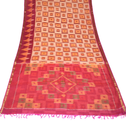 Sushila Vintage Beige Saree Pure Cotton Silk Ikat Geometrical Sari Fabric