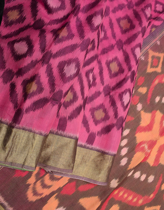 Sushila Vintage Magenta Pochamaplly Saree Pure Cotton Silk Ikat Sari Fabric