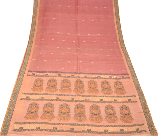 Sushila Vintage Pink Beige Saree Hand Woven Pure Silk Sari Craft Fabric