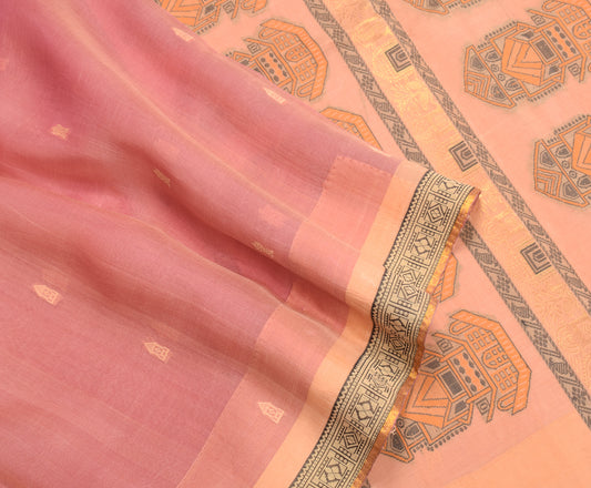 Sushila Vintage Pink Beige Saree Hand Woven Pure Silk Sari Craft Fabric