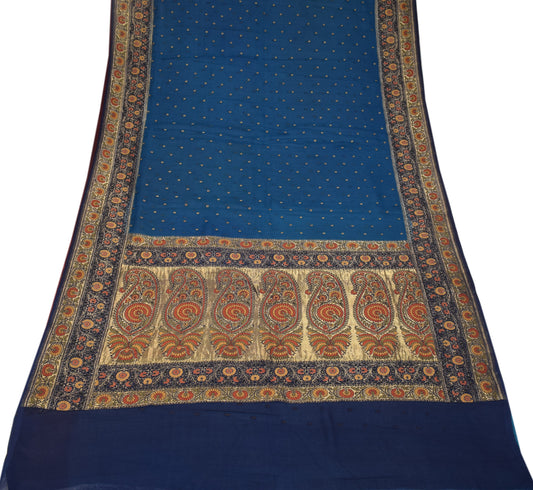 Sushila Vintage Pure Banarasi Georgette Saree Hand Woven Blue Sari Craft Fabric