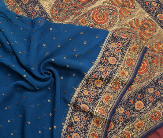 Sushila Vintage Pure Banarasi Georgette Saree Hand Woven Blue Sari Craft Fabric