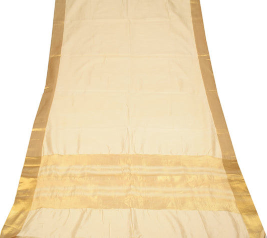 Sushila Vintage  Kerala Kasavu Saree Art Silk Gold Zari Brocade Sari Fabric