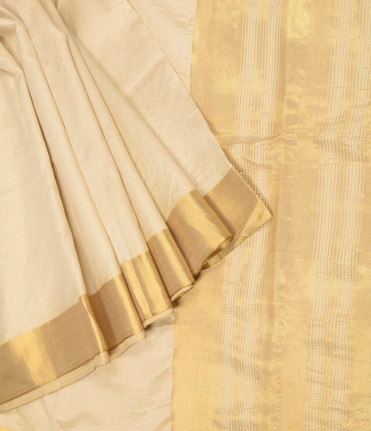 Sushila Vintage  Kerala Kasavu Saree Art Silk Gold Zari Brocade Sari Fabric