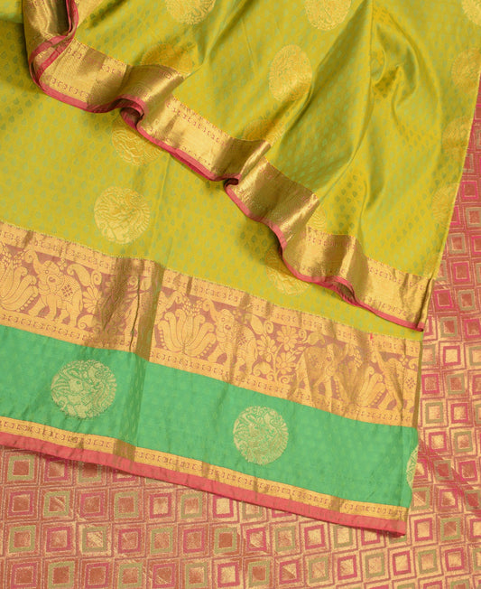 Sushila Vintage Green Kanjivaram Saree Brocade Art Silk HEAVY Sari Fabric