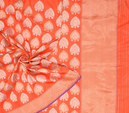 Sushila Vintage Orange Saree Banarasi Pure Silk Brocade HEAVY Sari Fabric