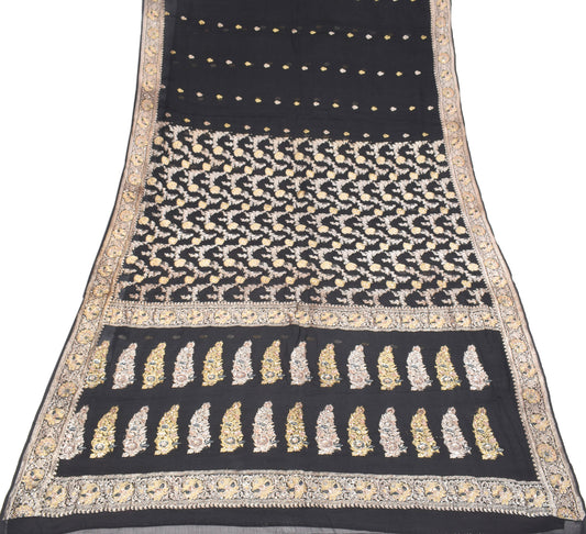 Sushila Vintage Black Saree Pure Banarasi Georgette Brocade HEAVY Sari  6YD Fabric