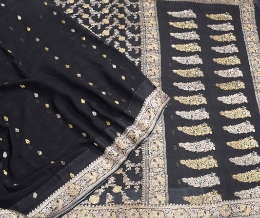 Sushila Vintage Black Saree Pure Banarasi Georgette Brocade HEAVY Sari  6YD Fabric