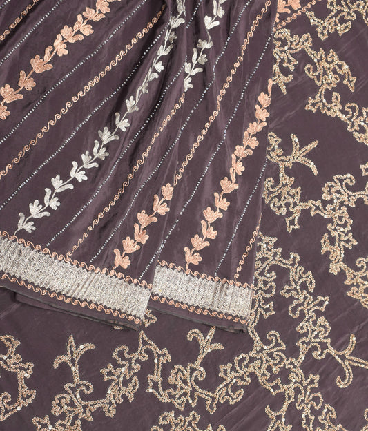 Sushila Vintage Brown Saree Zardozi Work Pure Crepe Silk HEAVY Sari Fabric