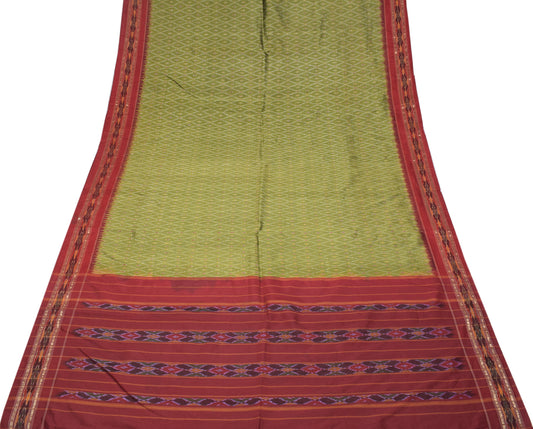 Sushila Vintage Pure Silk Green Saree Hand Woven Ikat Soft Sari Fabric