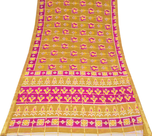Sushila Vintage Green Pink Saree Woven Printed Ikat Pure Cotton Sari Fabric