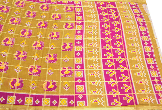 Sushila Vintage Green Pink Saree Woven Printed Ikat Pure Cotton Sari Fabric