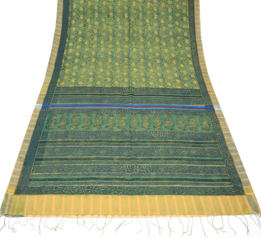Sushila Vintage Green Kota Doria Saree Block Print & Woven Sari Craft Fabric