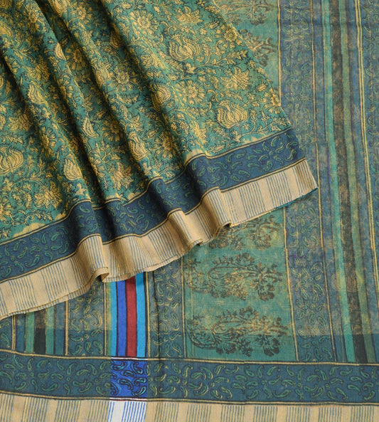 Sushila Vintage Green Kota Doria Saree Block Print & Woven Sari Craft Fabric