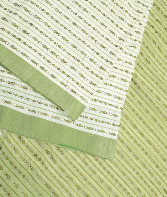 Sushila Vintage White Green Saree Hand Woven Fish Art Cotton Sari Craft Fabric