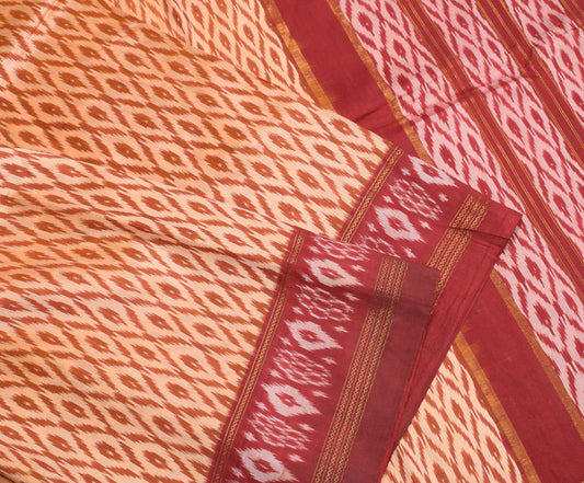 Sushila Vintage Peach Saree Hand Woven Ikat Pure Silk Handloom Sari Fabric